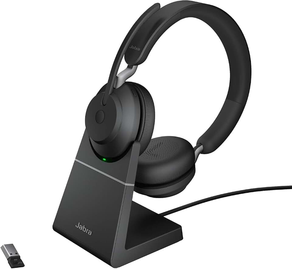 Jabra Evolve2 65 Wireless PC Headset with Charging Stand – Noise Cancelling UC Certified Stereo Headphones with Long-Lasting Battery – USB-A Bluetooth Adapter – Black