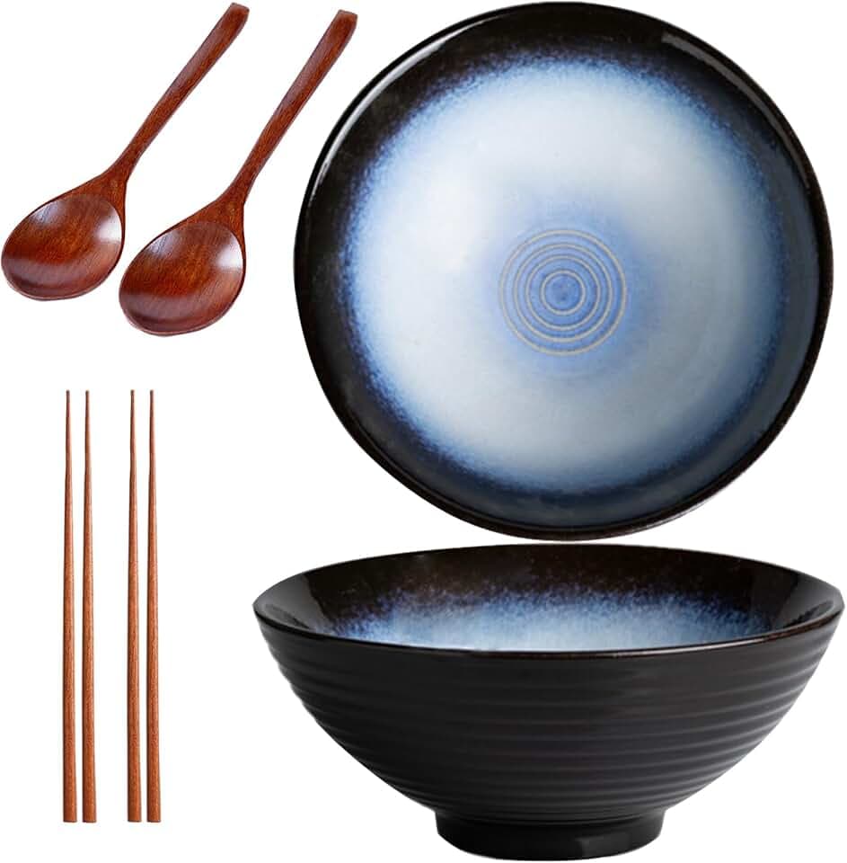 2 * 1200ML Ramen Schüssel Set,Schüssel Keramik,Ramen Bowl(Ramen Set Mit Ramenlöffel,Essstäbchen),Suppenschalen Set für Nudelschüssel,Snack,Salatschüssel,Große Schüssel(Katzenauge Blau)