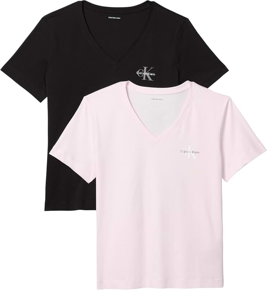 Calvin Klein Damen 2er Pack T-Shirts Kurzarm Logo Tee mit V-Ausschnitt