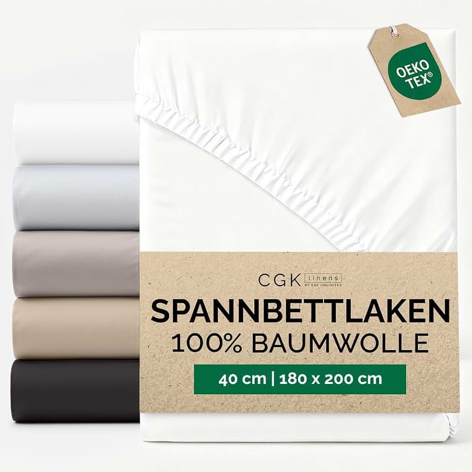 Spannbettlaken 180x200 - Baumwolle Mako Satin 40cm (16") tief - Weiß | 400 Fäden, Gebürstet, Knitterfrei, Atmungsaktiv, Strapazierfähig, Pflegeleicht, Boxspringbett, Baumwollsatin, OEKO-TEX