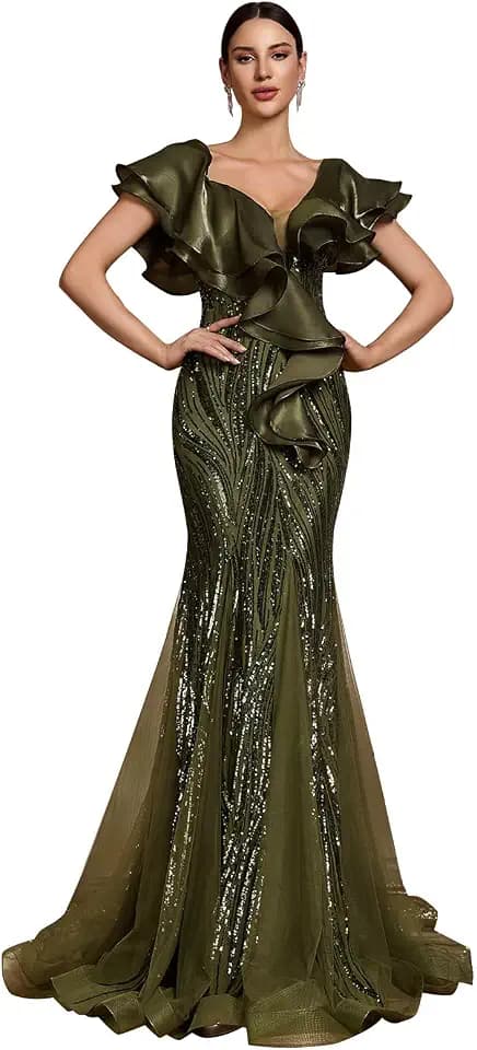 V-Neck Long Maxi Formal Dress for Women with Ruffle Sleeve & Backless Sequin Embroidery & Sheer Mesh Mermaid Wedding Guest Evening Gown for Party Cocktail Prom & Birthday, Olive Green, XL