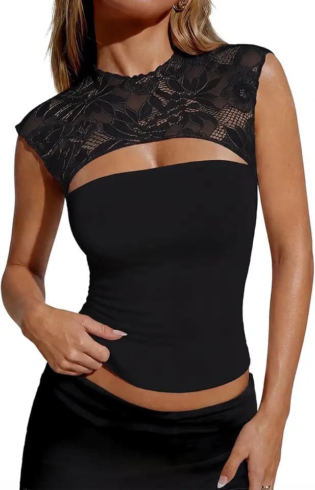 Women's Lace Going Out Crop Tops Sexy Cutout Crew Neck Sleeveless Double Lined Slim Night Out Y2K Tank Tops