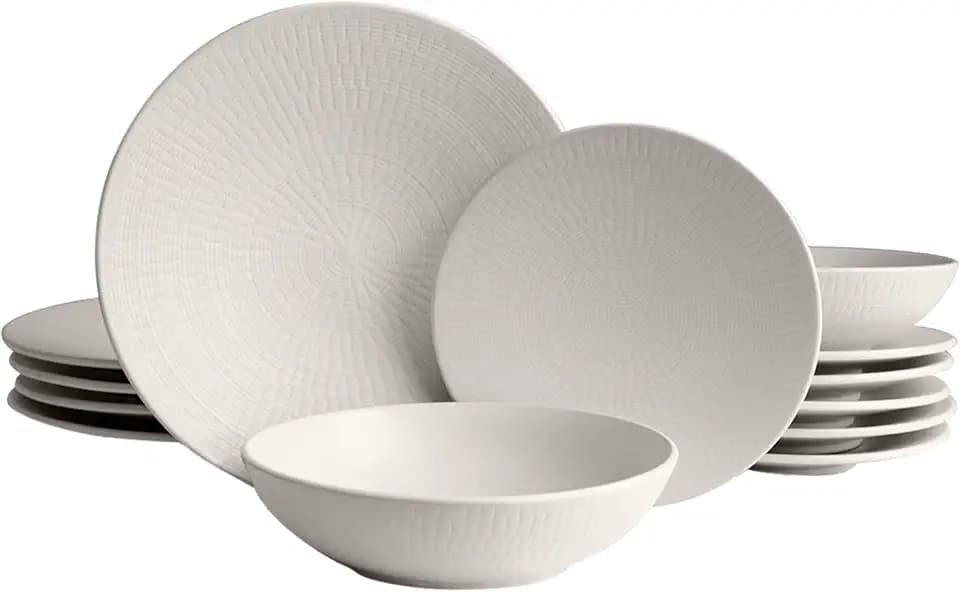ECHTWERK 18-teiliges Vintage Tafelservice, "Blanka" Nature-Design, für 6 Personen, Stilvolles Geschirrset mit Struktur aus Steingut mit 6 x Speiseteller, 6 x Beilagenteller, 6 x Suppenteller, Creme