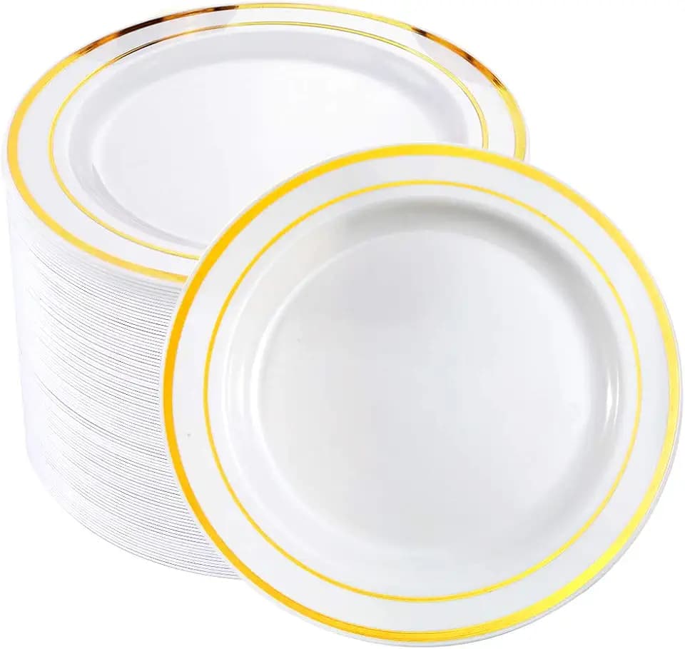 bUCLA 100Pieces Gold Plastic Plates -7.5inch White and Gold Disposable Salad/Dessert Plates - Ideal for Weddings, Party & Thanksgiving