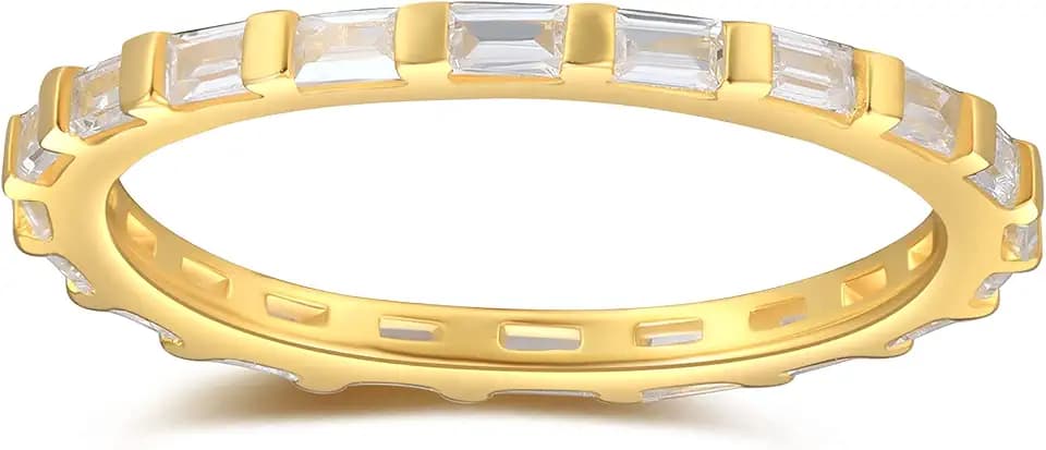 espere Dainty CZ Baguette Stacking Ring | Sterling Silver 925 Rhodium Plated Gold Minimalist Ring | Delicate Thin Band Eternity Rings Gift for Her