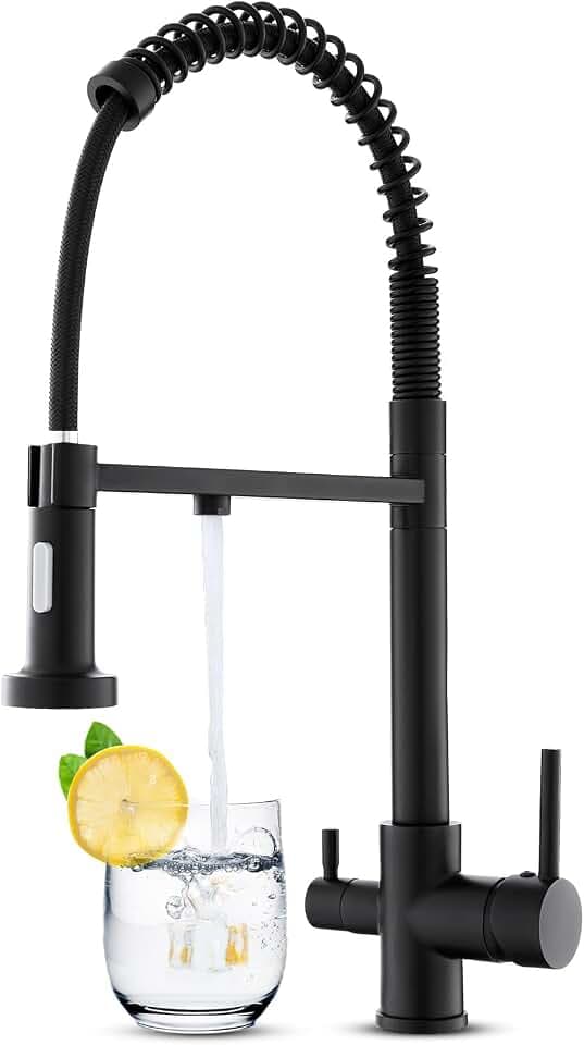 3 Wege Wasserhahn Küche Schwarz mit 2 Funktion Brause, 360° Drehbar Küchenarmatur aus Messing und Edelstahl 304, Drei Wege Mischbatterie, Trinkwasserhahn mit 2 Hebel, 3 in 1 Spültischarmatur
