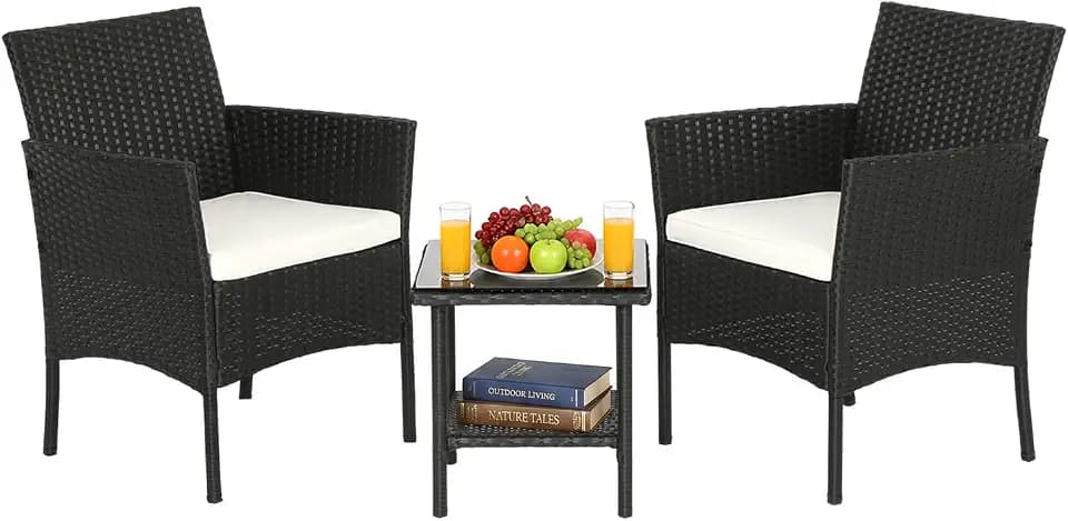 FDW 3-Piece Patio Furniture Set | Black & Beige | Outdoor Wicker Furniture