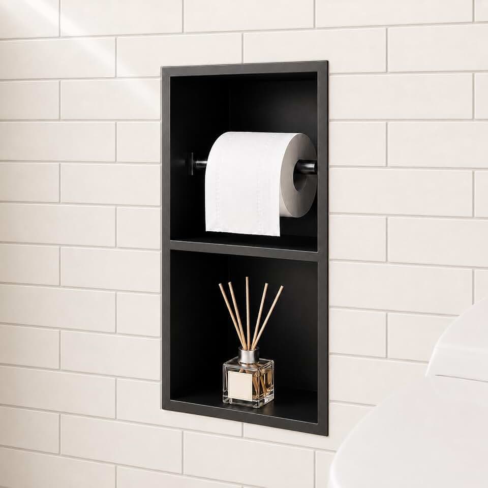 Recessed Toilet Paper Holder with Storage, Matte Black, 304 Stainless Steel
