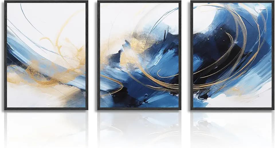 Dazzlewall Abstrakte Wandbilder Modern Blau Schwarz Gold Leinwand Bilder für Schlafzimmer Wohnzimmer Deko 30x40 cm 3er Set Ohne Rahmen