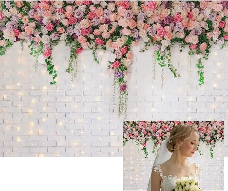 Renaiss 7x5ft Pink Flowers Brick Wall Backdrop Glitter White Brick Wall Rose Floral Wedding Photography Background for Mother's Day Bridal Baby Shower Anniversary Party Decor Photo Booth Props