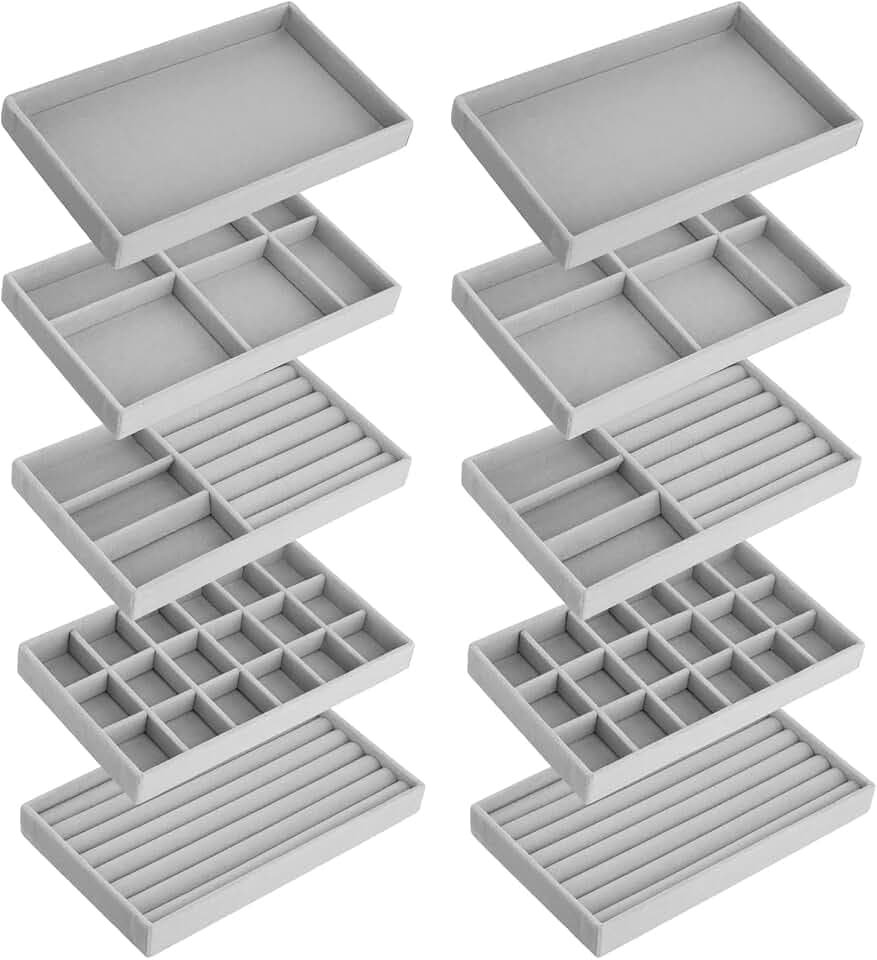 QWORK® 10 Stück Stapelbarer Schmucktablett Organizer aus Samt - 21x12x2.5cm - Schubladeneinsatz für Halsketten, Armbänder, Ringe und Ohrringe