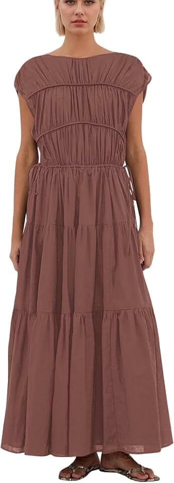 calbatic Women Pleated Ruched Tiered Maxi Dress Sleeveless Patchwork Ruffle Hem A Line Flowy Summer Elegant Long Dress