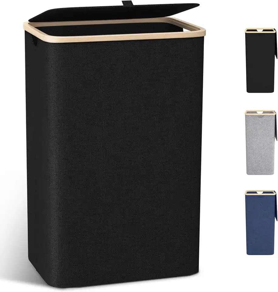 Schmaler Wäschekorb mit Deckel 100L, Bambusdeckel & herausnehmbarer Wäschesack, hoher Wäschesammler in Schwarz, platzsparende Wäschetruhe für Wohnzimmer, Waschküche, Schlafzimmer & kleines Bad