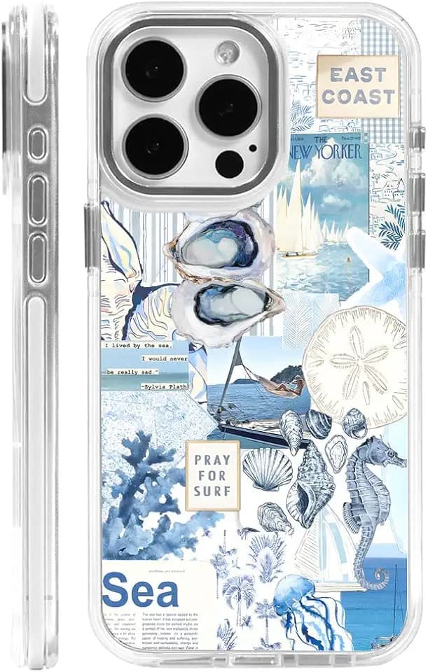 Cases for iPhone 15,Compatible with MagSafe,Classic Clear Shockproof Protection Magnetic Phone Case - Seashell Ocean Blue Retro Collage
