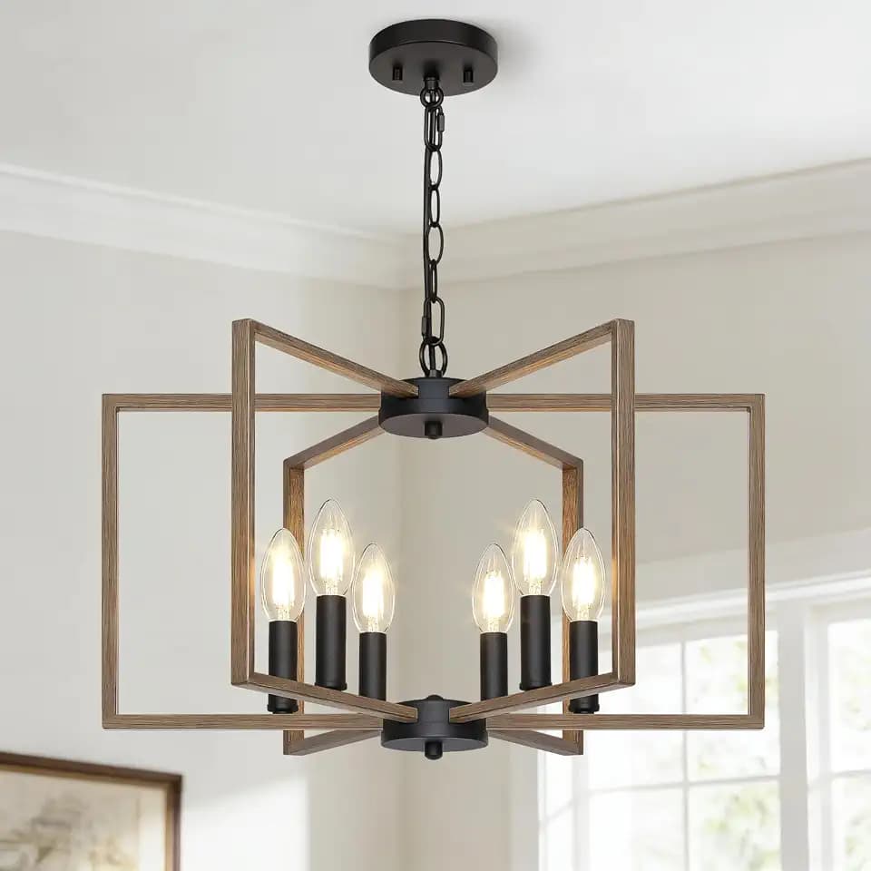 6 Light Farmhouse Chandelier, Dining Room Light Fixture, Wood Grain Painted