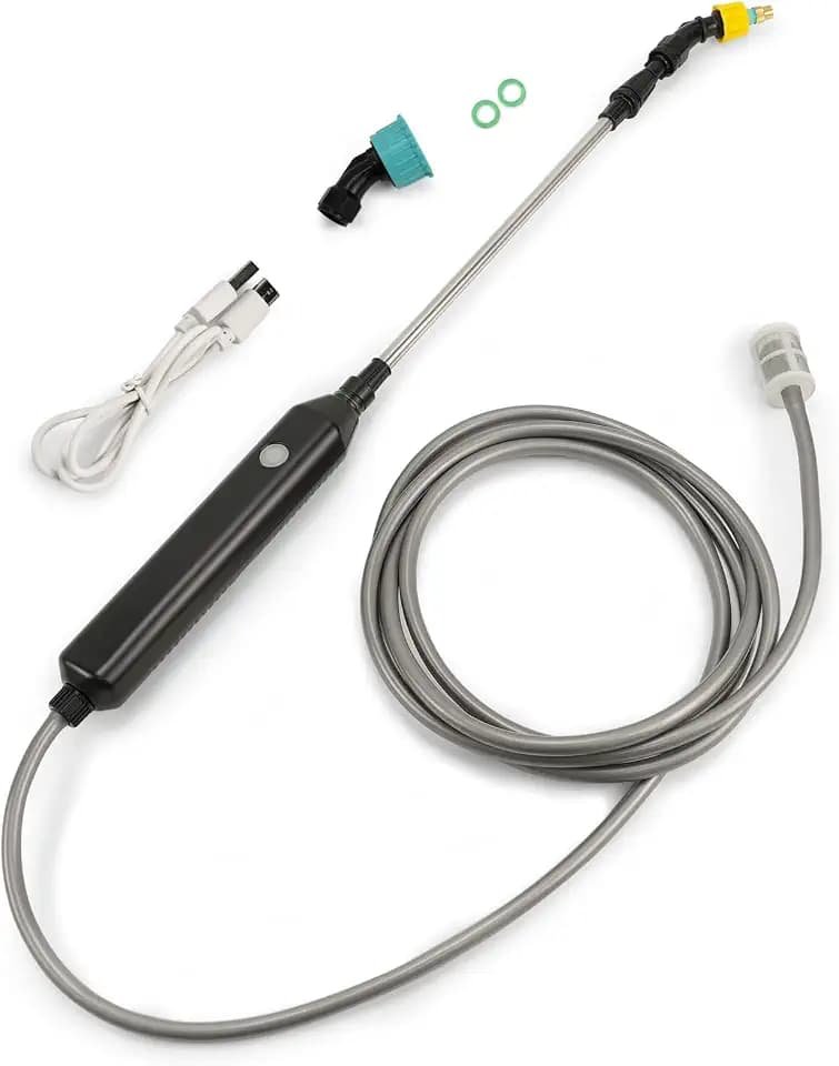Akku Drucksprüher, Gartenspritze Drucksprüher Akku 5V/2.4Ah, Elektrischer Gießstab mit 3Düsen & 5M Schlauch, Unkrautspritze mit Teleskopstange, Elektrischer Sprühstab für Bewässern, Düngen