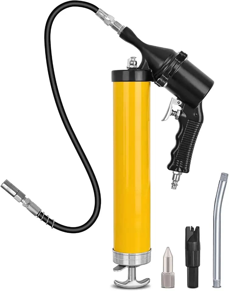 GOOACC Pneumatic Grease Gun 6000 PSI 14oz Heavy Duty Air Operated Grease Gun Kit with 18" Spring Flex Hose Rigid Pipe Coupler Pistol Grip Grease Guns for Automotive Farm Industrial Marine, Yellow 6PCS