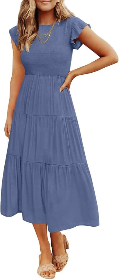 ZESICA, Midikleid für Damen, sommerlich 2025, mit kurzen Volantärmeln, Rundhalsausschnitt, elastischer Smoktaille und stufigem Rock – leger und bequem für warme Tage