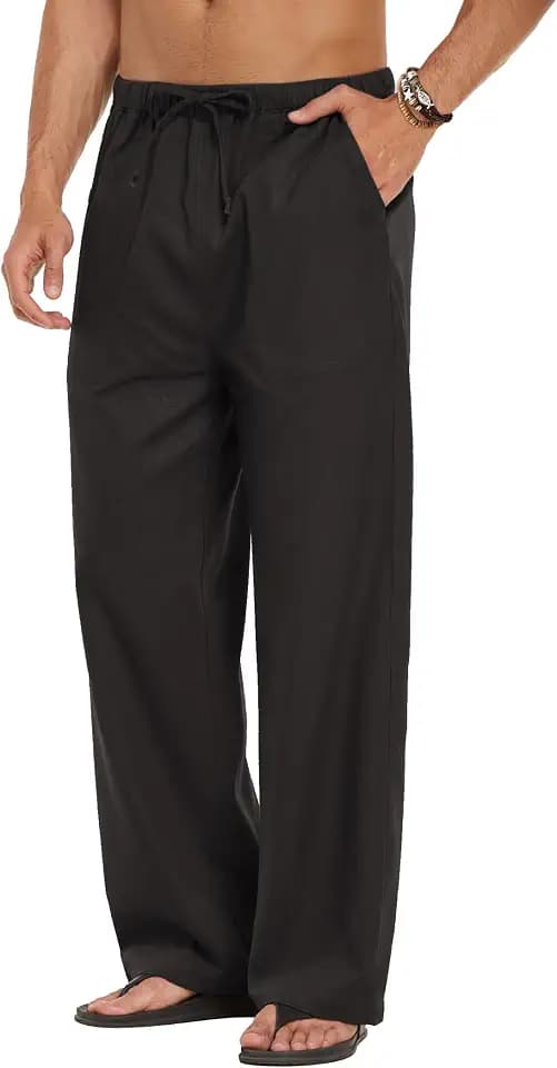 COOFANDY Men Linen Pants Casual Elastic Waist Drawstring Pants Summer Beach