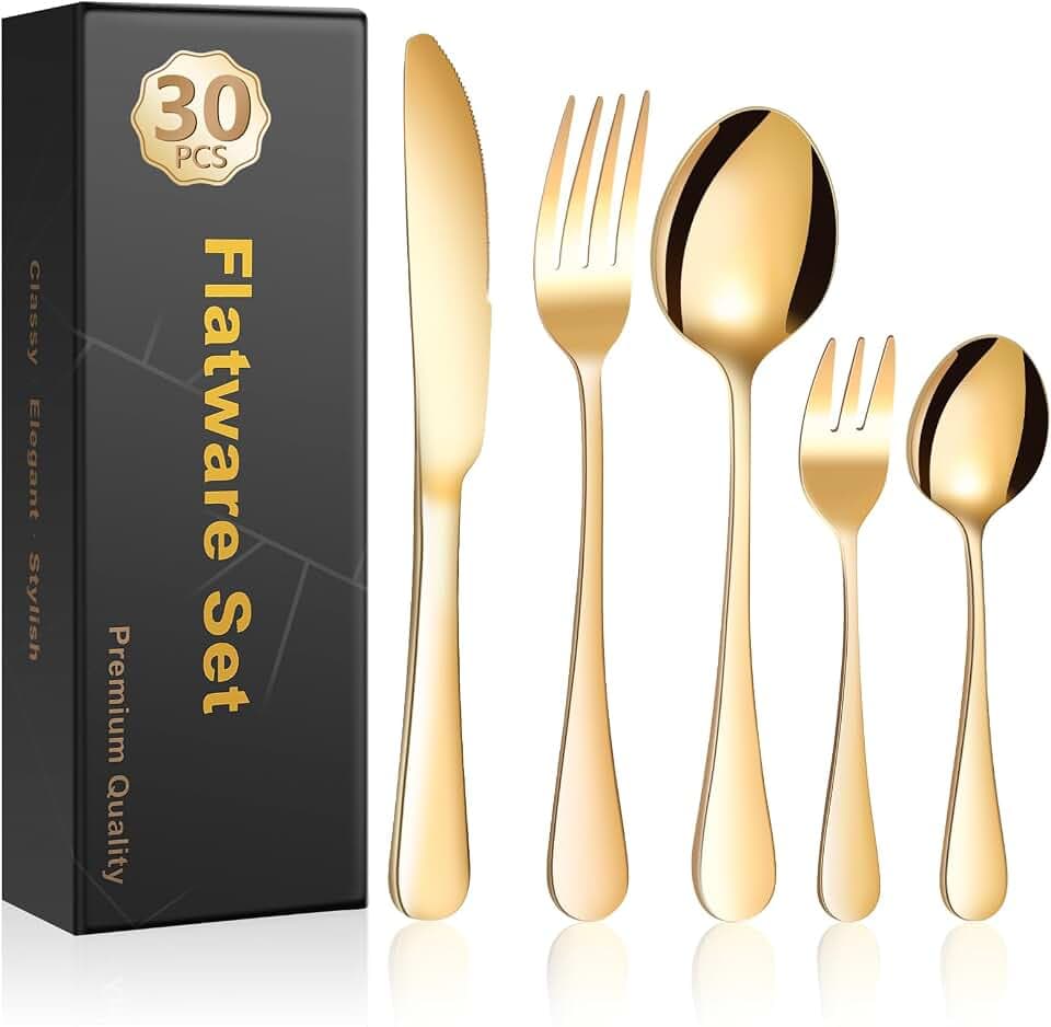 Cinnani Gold Besteck Set 6 Personen, 30 Teilig Edelstahl Besteckset, Essbesteck Set mit Messer Gabel Löffel, Goldenes Besteck für Haus Party Restaurant, Spülmaschinenfest