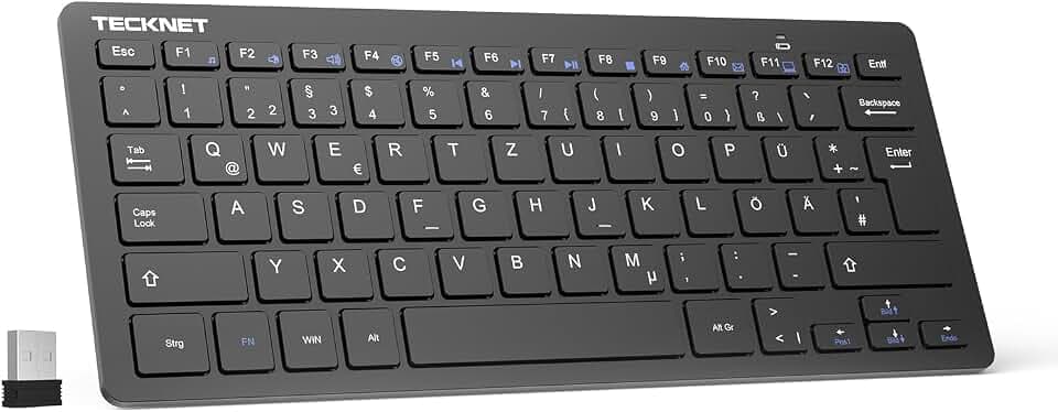 TECKNET Slim Kabellose Tastatur, Deutsches Layout, 78 Tasten Mini Wireless Tastatur mit Nano USB Empfänger für Windows/Chrome OS Smart TV - Schwarz