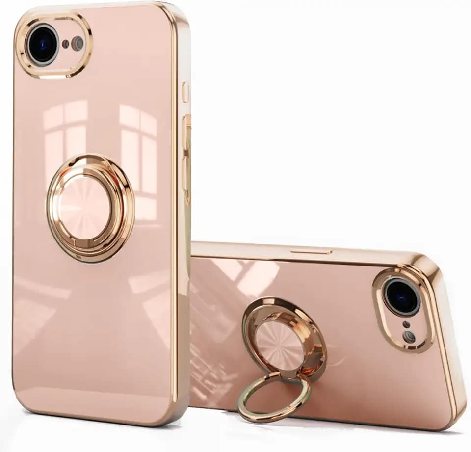 aowner for iPhone 16e Case & iPhone 17e with Ring Stand 360°Ring Holder Kickstand [Support Magnetic Car Mount] Luxury Rose Gold Plating Edge Slim Shockproof Protective Phone Case Cover 6.1", Pink