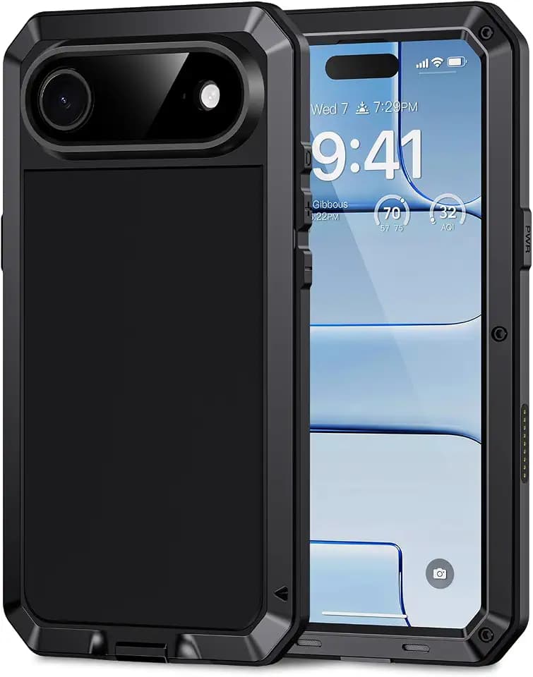 Lanhiem Metal for iPhone Air Case, Built-in Glass Screen Protector, Heavy Duty Shockproof Case [Military-Grade Full Protective] Tough Rugged Phone Cover for iPhone 17 Air 6.5'', Black