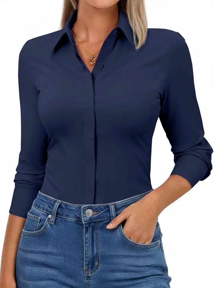 Aoudery Button Down Shirts for Women Slim Fit Long Sleeve Stretch Dress Shirts Work Shirt Wrinkle Free Office Blouse Top