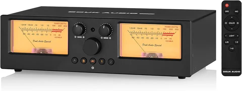 Douk Audio VU3 PRO Dual Analog VU Meter, 2-Way Amplifier Switch, Speaker Selector, Amp Audio Switcher Box 2-IN-2-OUT with DB Panel Display
