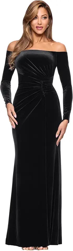 Xscape Women's Velvet Off The Shoulder Ruched Waist Floor Length Dress