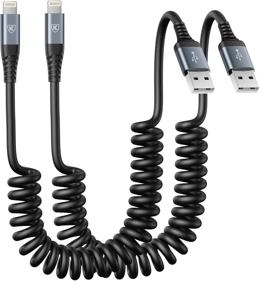 Coiled Lightning Cable, iPhone Charger Cable 3FT for Car, 2 Pack-Black