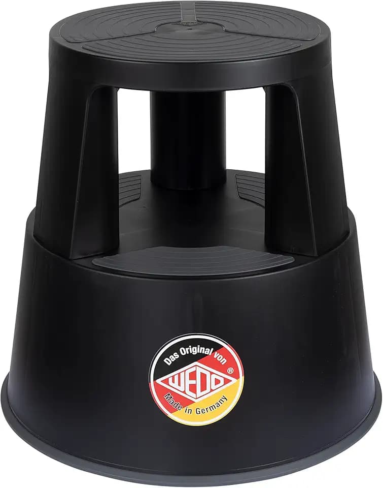 WEDO Rollhocker Super Step – robuster Tritthocker aus bruchfestem Kunststoff, TÜV/GS-geprüft nach EU-Norm EN 14183-F, rutschfest & rollbar, Made in Germany, Höhe ca. 43 cm, Tragkraft 150 kg, Schwarz