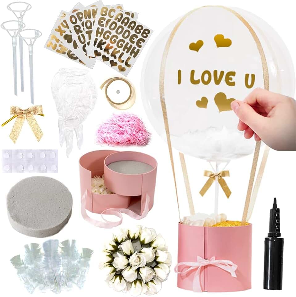 Art with smile Geschenk-Box-Überraschung für Frauen mit hochwertigem Grußballon, doppellagige drehbare Schublade, Mock Flowers, 33-teiliges-Set für Muttertag, Geburtstag, Jahrestag, Valentinstag