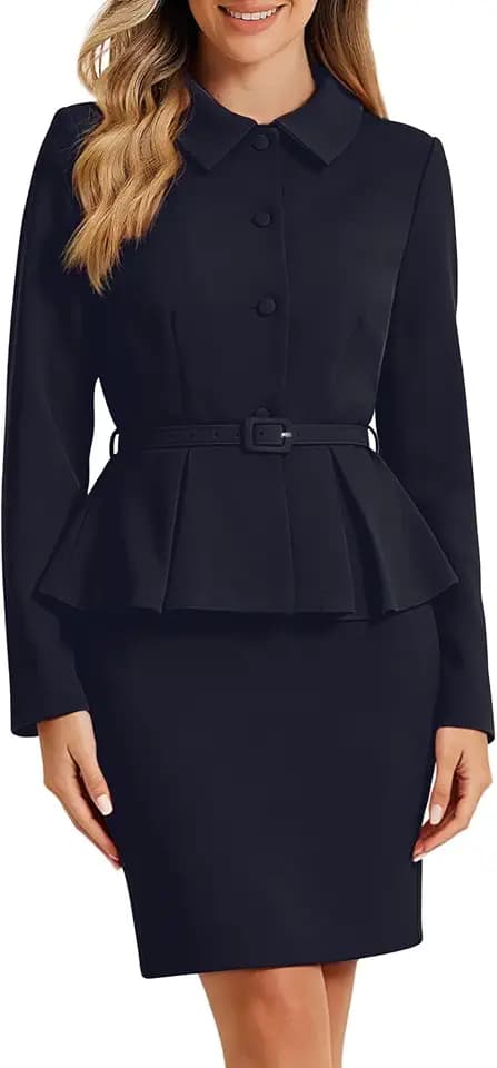 Allegra K Damen 2-Teilige Business Anzüge Schößchen Blazer Jacken und Bleistiftrock Sets