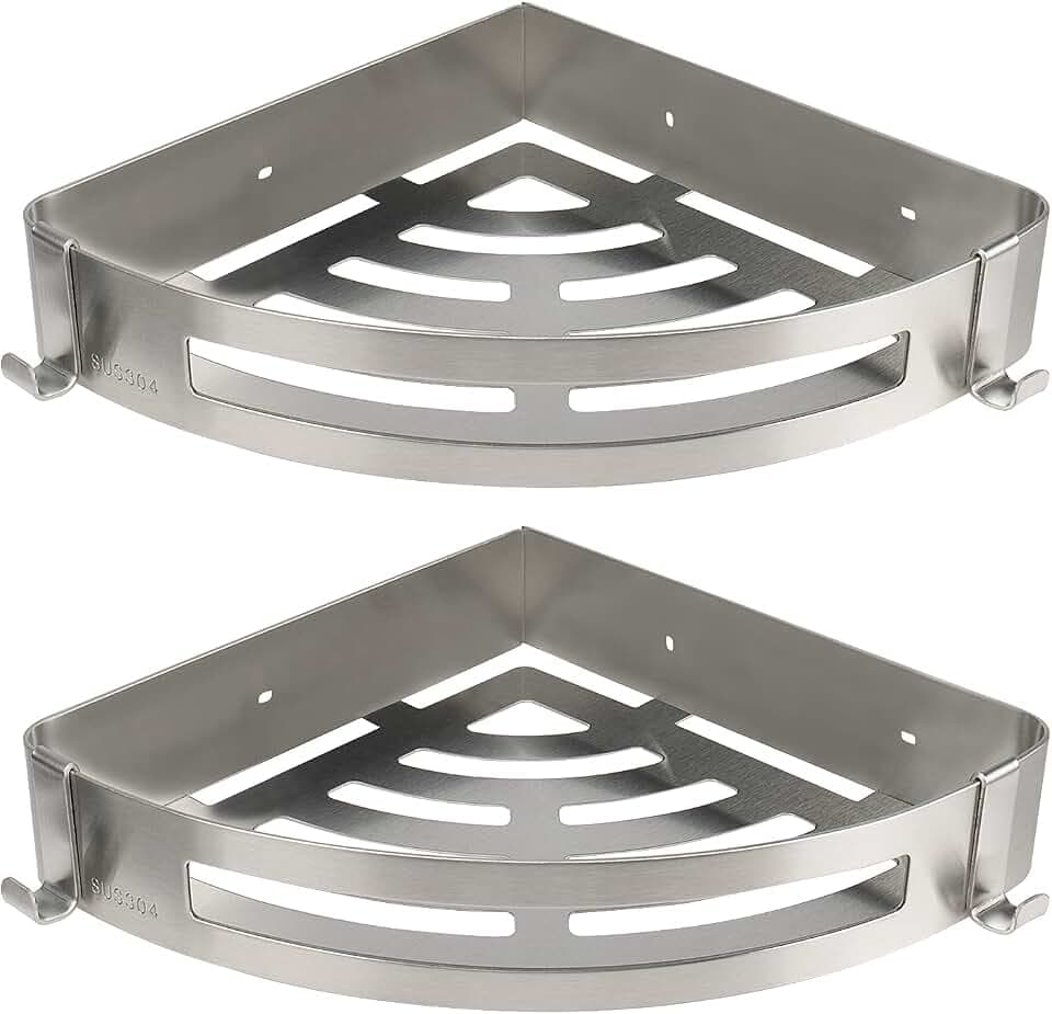 NearMoon Bathroom Shower Caddy 2 Pack, 304 Stainless Steel Shower Organizer with 2 Hooks, No Drill (Corner Shelf, Brushed Nickel)