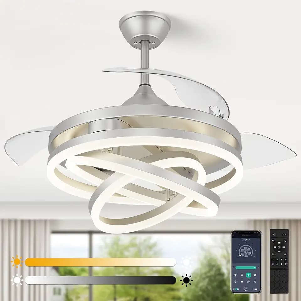 TXCSLY 42" Retractable Ceiling Fan with Lights, Silver Chandelier with Fan