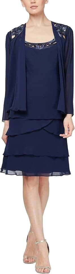 S.L. Fashions Women's Petite Mother of The Bride Jacket Dress with Sequined Cut Out Shoulder