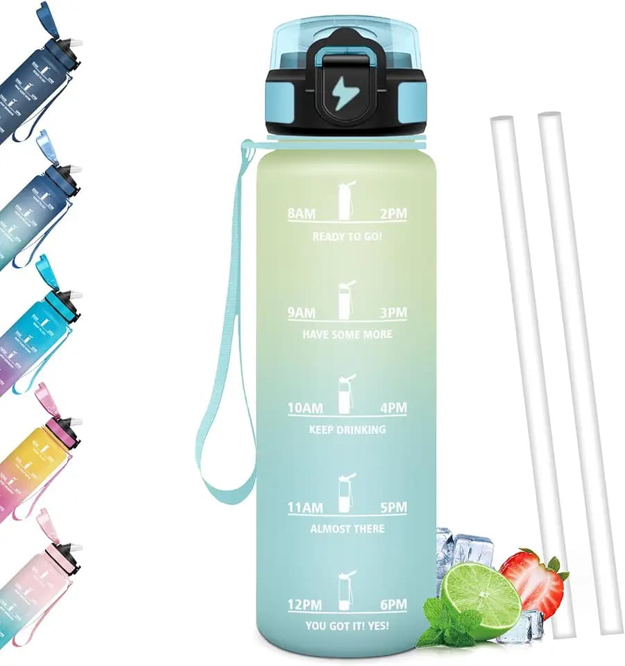 Trinkflasche 1L, BPA-Frei, Trinkflasche mit Strohhalm, Wasserflasche Auslaufsicher, Wasserflasche Kohlensäure Geeignet, Zeitanreiz, Sportflasche für Laufen, Fahrrad, Fitness, Party