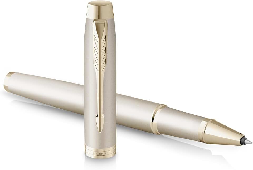 Parker IM Monochrome Rollerball | schwarze Tinte | Oberfläche und Zierteile in Champagnerfarben | feine Spitze | Geschenkbox