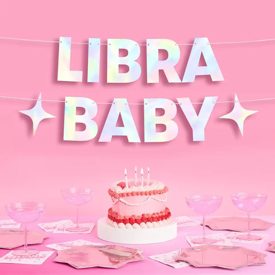 xo, Fetti Libra Baby Birthday Party Iridescent Foil Banner - 5 Ft. | Zodiac Libra, Horoscope, Astrology Bday Party Decorations Gift
