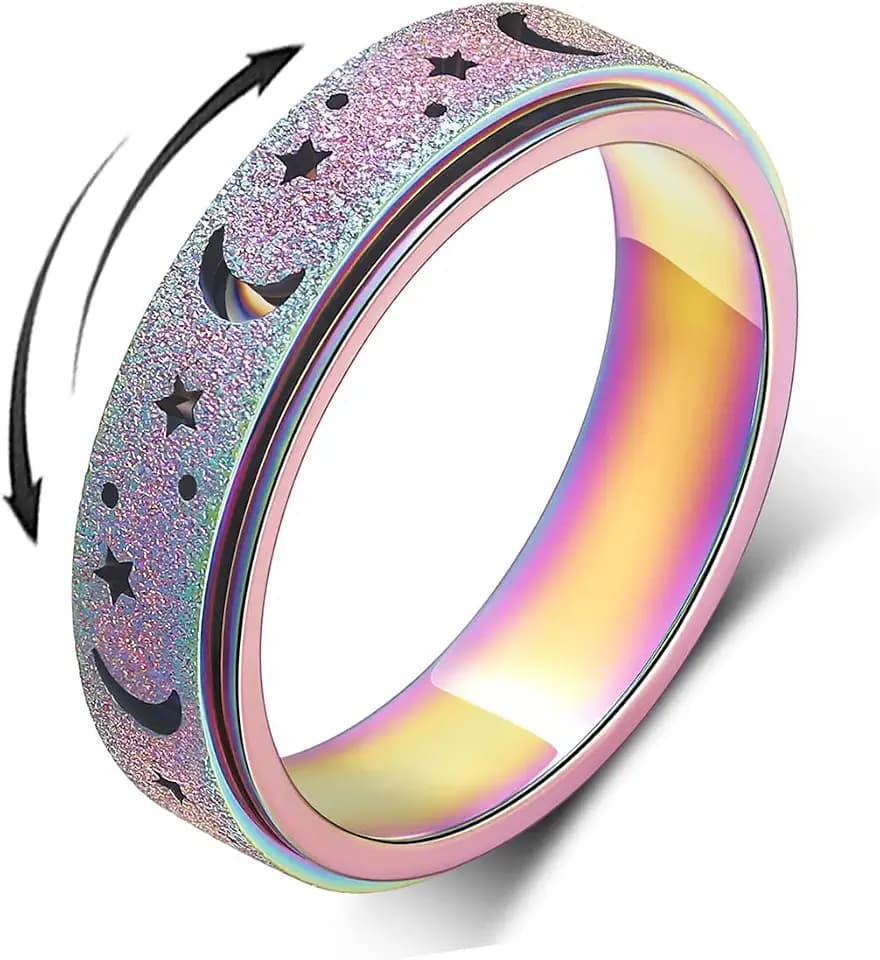 AmorArtSky Anxiety Ring for Women Men, Titanium Stainless Steel Spinner Ring, 5 Colors, 6MM, Size 6-10, 3 Styles Anxiety Ring-Moon Star, Sandblasted Finished, Hollow Outer