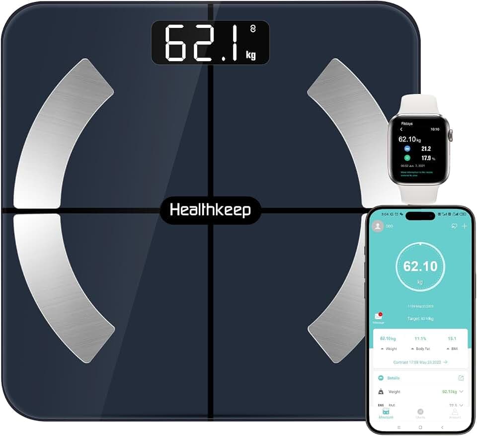 Körperfettwaage, Bluetooth Personenwaage mit App, Smart Digitale Waage für Körperfett, BMI, Gewicht, Muskelmasse, Wasser, Protein, Skelettmuskel, Knochengewicht, BMR, Schwarz