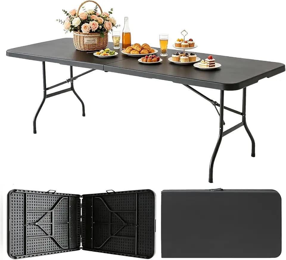 Portable Plastic Folding Table 4ft/6ft/8ft Heavy Duty White Black Picnic Dining Table Fold-in-Half for Camp Party Kitchen Indoor Outdoor