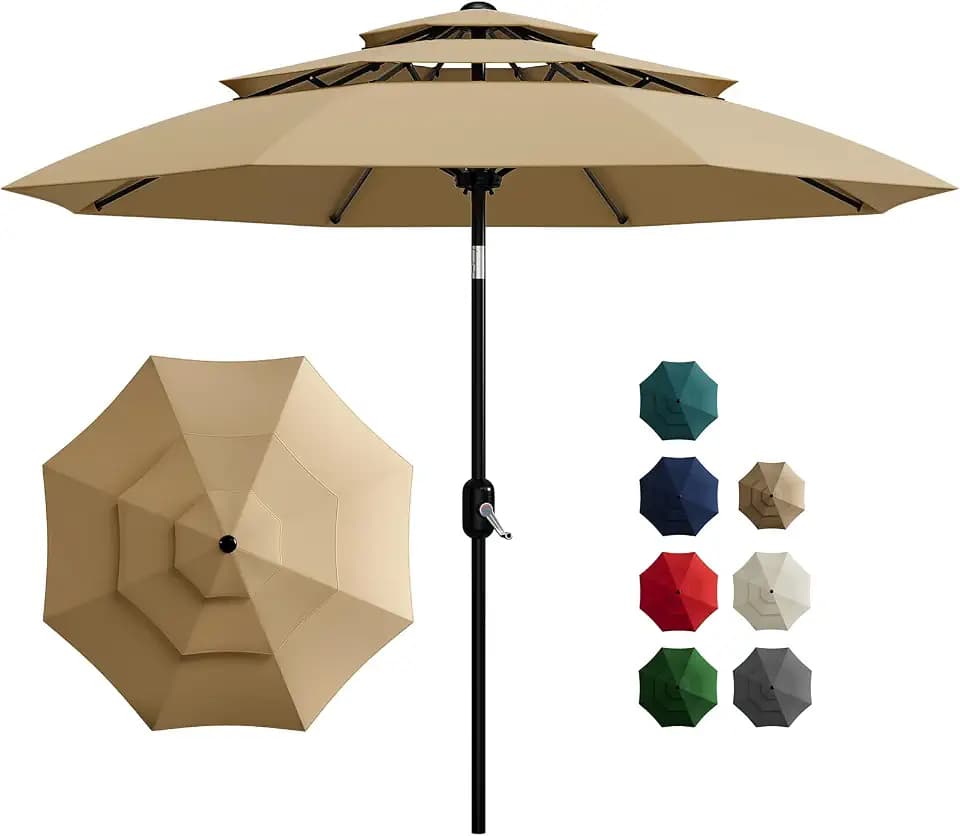 Garvee 10Ft 3-Tier Patio Umbrella, Outdoor Table Umbrella with Vents, Easy Crank and Push Button Tilt, Market Umbrella with 8 Sturdy Ribs for Pool, Deck, Yard, Garden -Tan