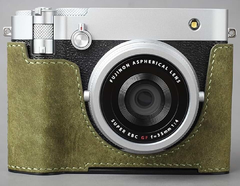 LIM'S Genuine Italy Leather Camera Half Case Dovetail Plate Handmade for Fuji Fujifilm GFX100RF Case [Olive Green]