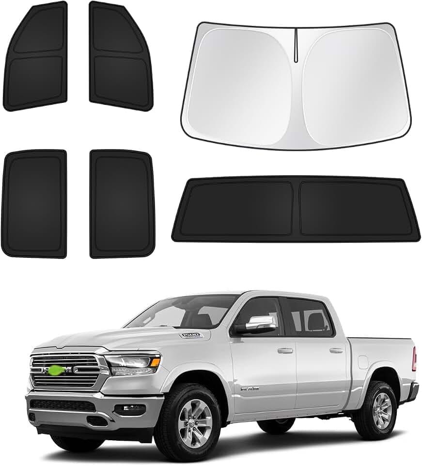 Canvcle Sunshades for Dodge Ram 1500 Crew Cab 2019-2025 2026 Accessories Windshield Sun Shade Side Rear Window Shade Cover Sun Visor Shield Privacy Protection Keep Vehicle Cool Black 6PCS