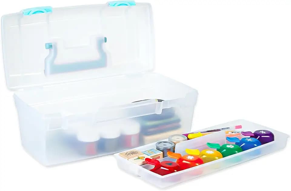 ArtBin Essentials Lift-Out Tray Craft Box with Handle, Clear/Aqua