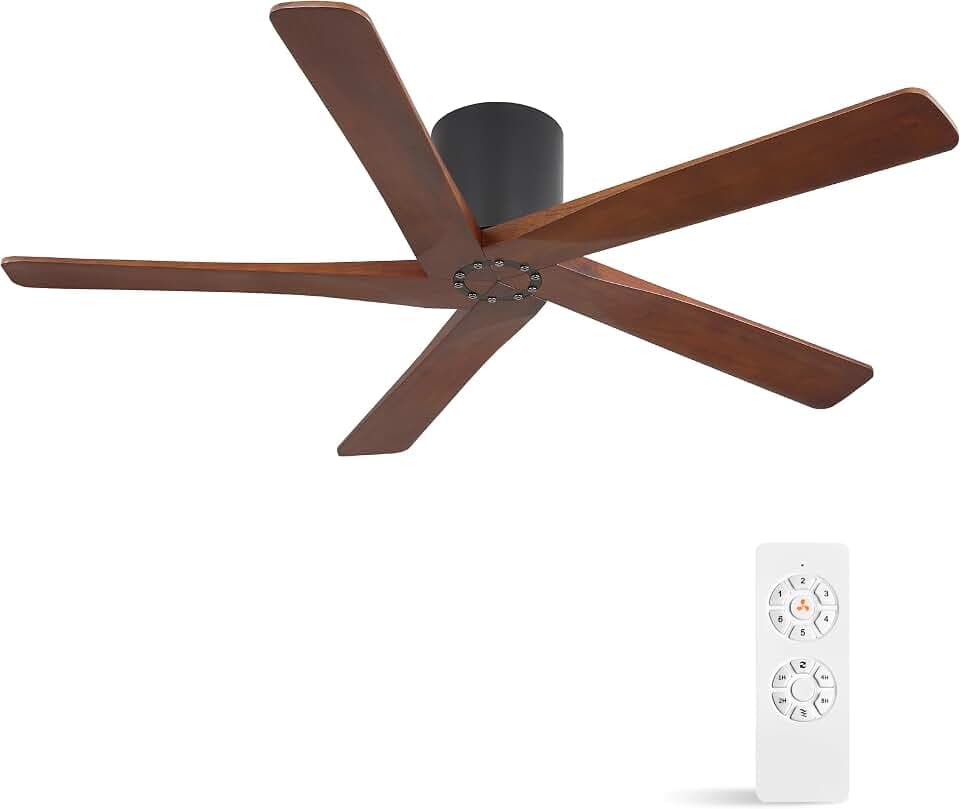 WINGBO 48 Inch Flush Mount DC Ceiling Fan Without Lights, 5 Carved Wood Blades, 6-Speed Reversible DC Motor, Low Profile Ceiling Fan No Lights for Bedroom Living Room Patio, Black and Walnut