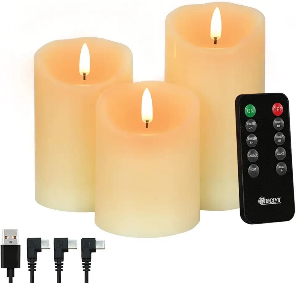 Rechargeable LED Flickering Flameless Candles, Fake Candles Set of 3（Ivory）