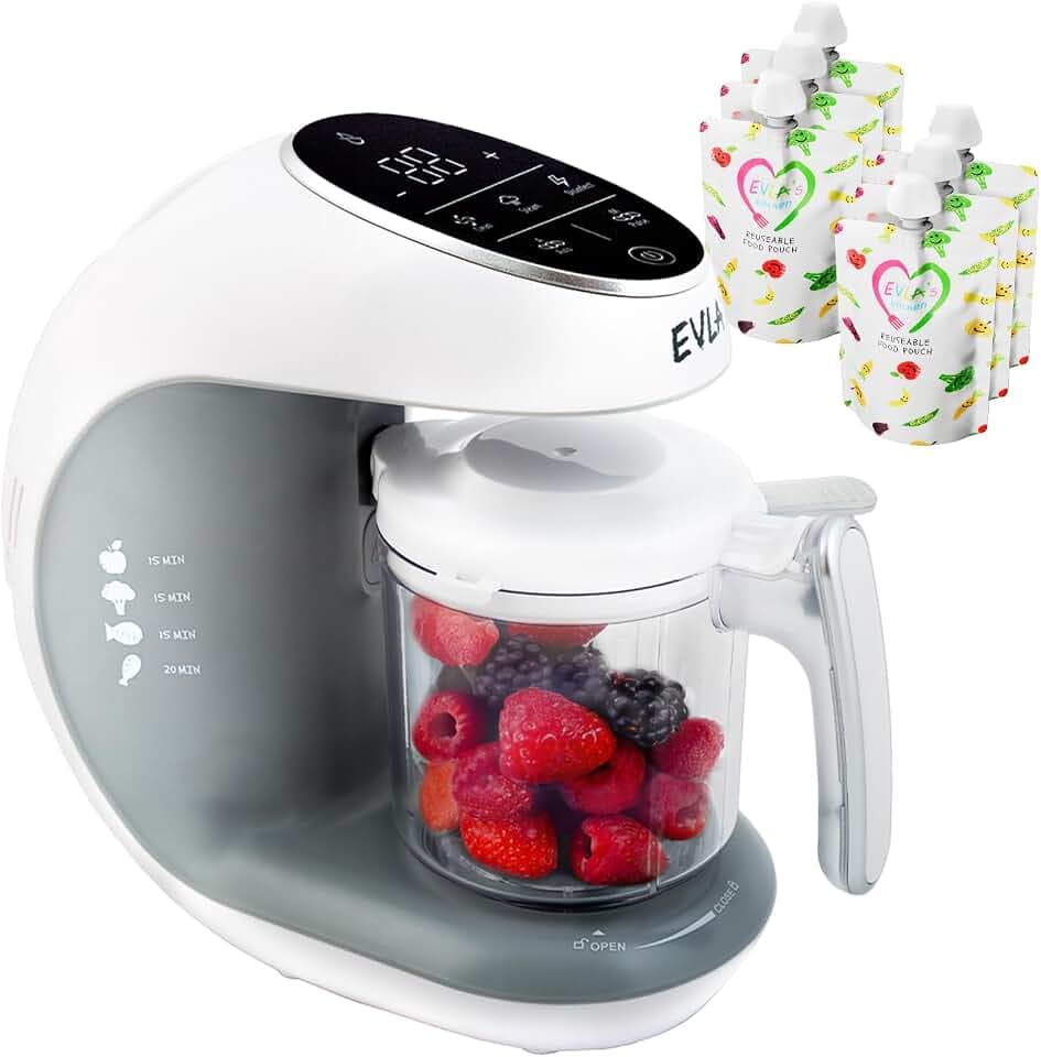 EVLA'S Baby Food Maker, Steamer, Blender, Baby Food Processor for Healthy Homemade Baby Food in Minutes, Touch Screen with 6 Reusable Food Pouches, Baby Registry Essential, White